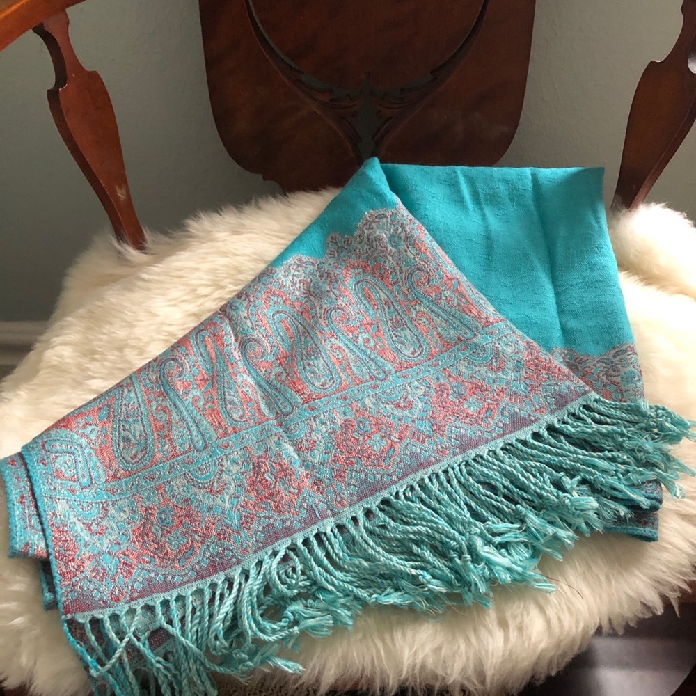 Turquoise and Pink Paisley & Solid Pashmina Scarf 27” x 80” - Picture 5 of 5